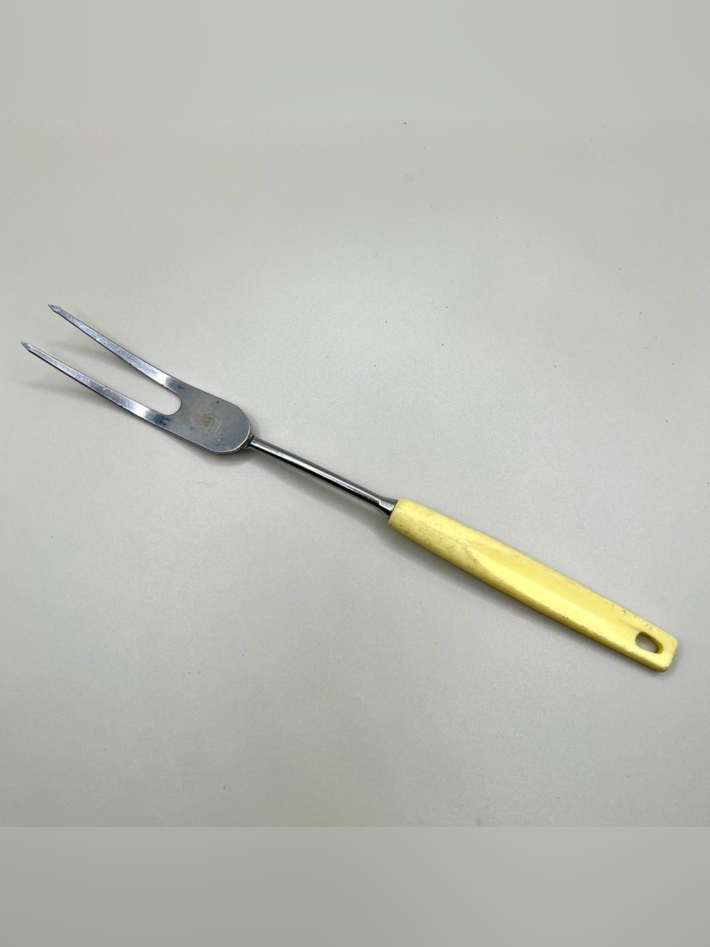 Vintage EKCO USA Chromium Plated Carving Fork Yellow Handle Mid Century Utensil